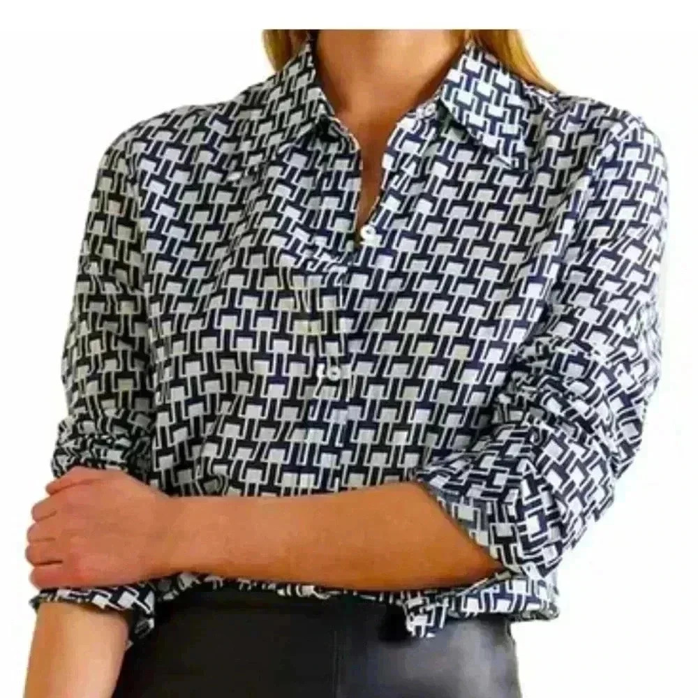 Nili Lotan Black and White Geometric Button-Down Shirt